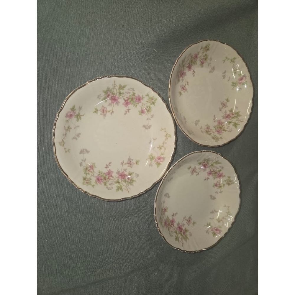 Syracuse China Federal Shape Pink Floral Scalloped Fruit Bowls Set of 3 Vintage